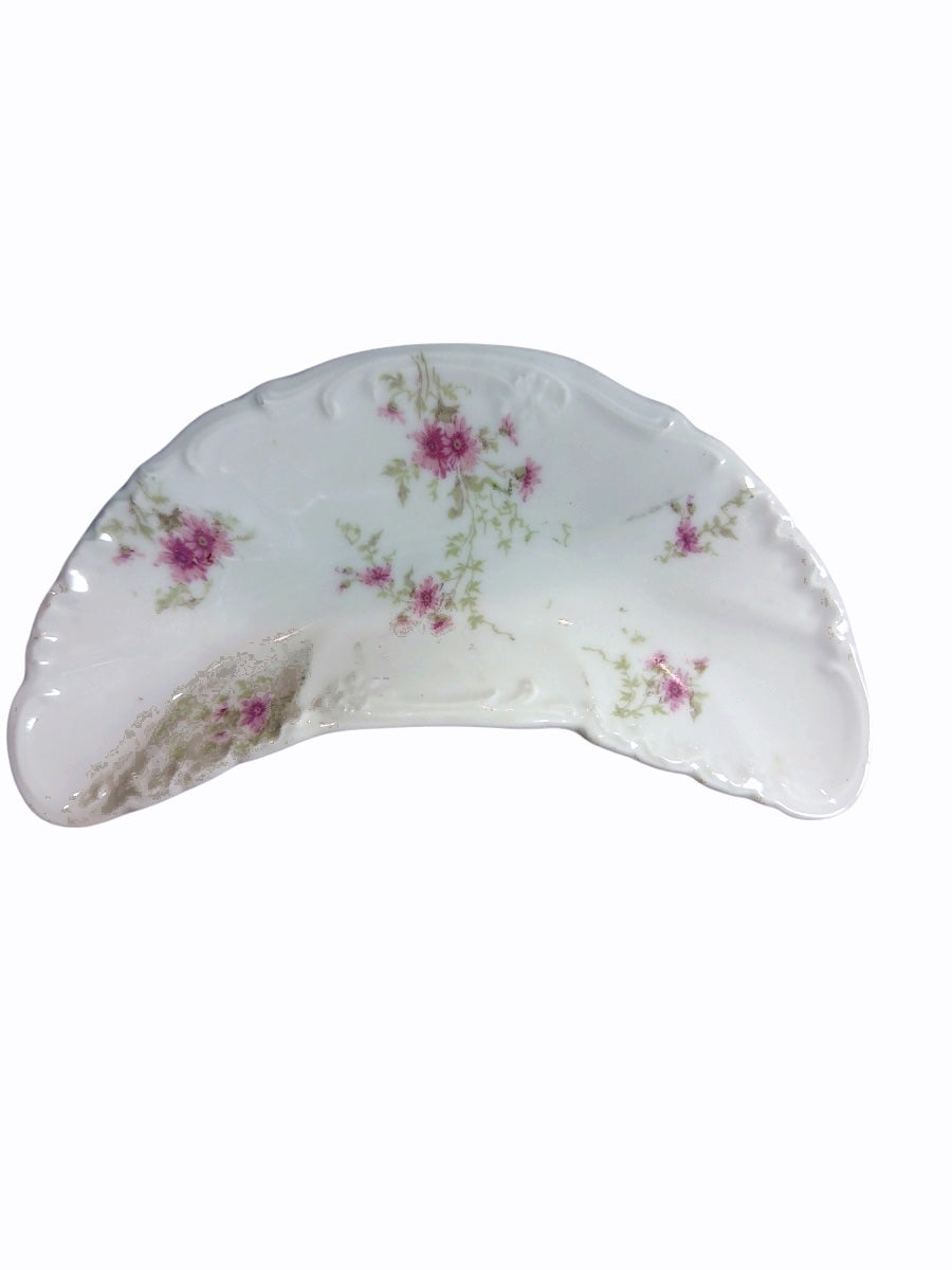 Antique Porcelain Crescent Bone Dish with Pink Floral Motif