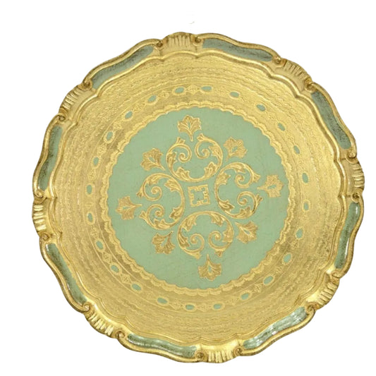 Florentine Carved Gilded Round Tray  - Sage Green