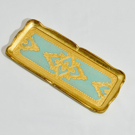 Florentine Carved Gilded Wood Narrow Tray, Made in Italy: Sky Blue
