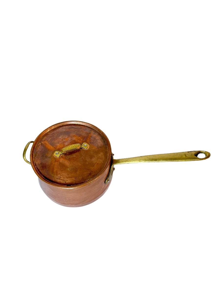 Vintage Copper Saucepan with Lid and Brass Handles