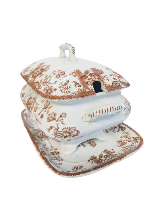 Antique Brown Transferware Tureen with Tray