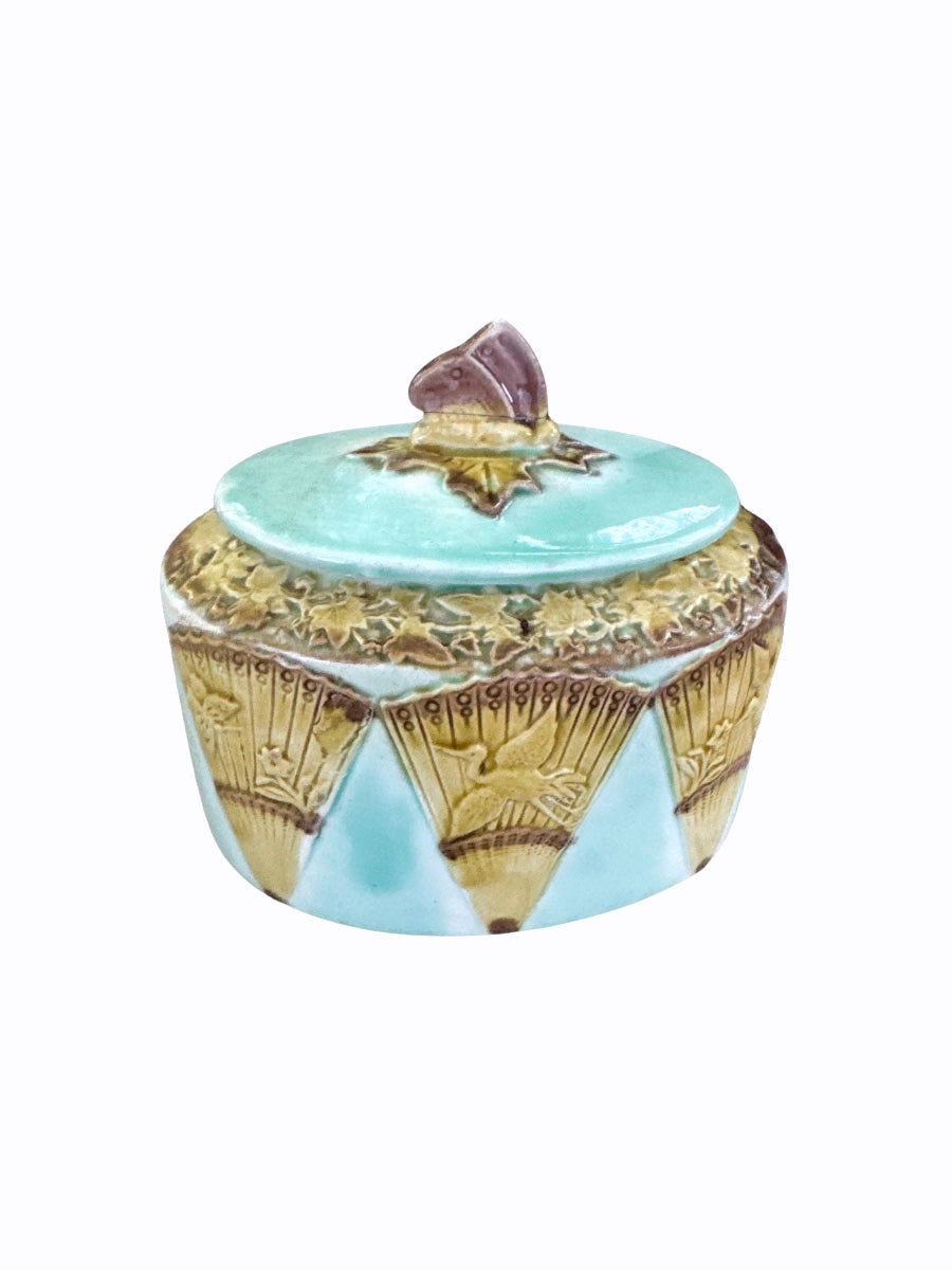 Victorian Majolica Lidded Box with Fan & Bird Motif