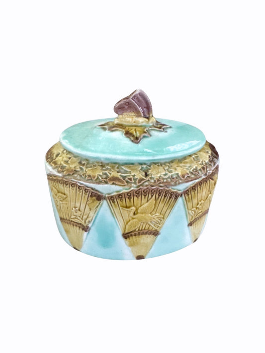Victorian Majolica Lidded Box with Fan & Bird Motif