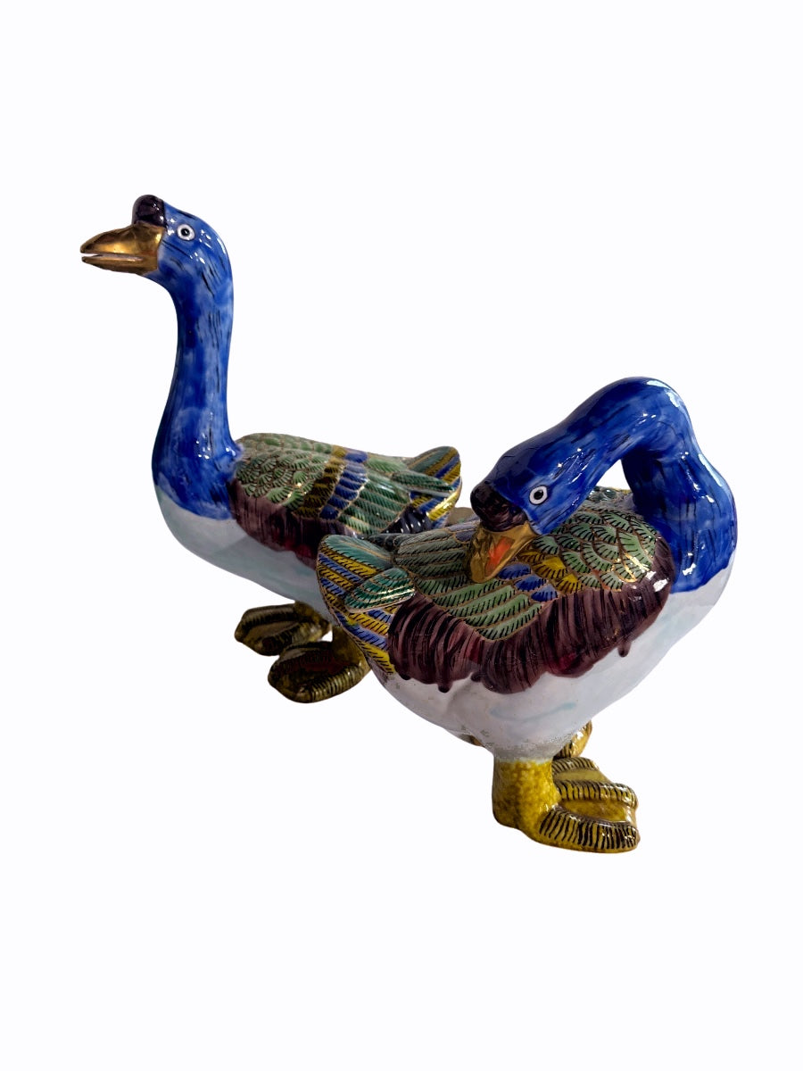 Chinese Export Porcelain Famille Verte Double Goose Figurine Group