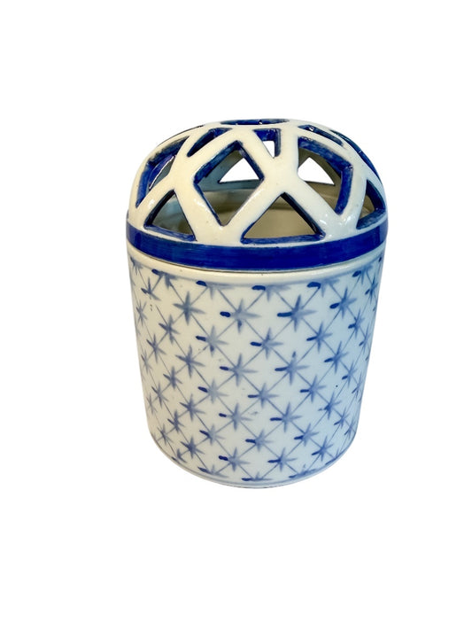 Vintage Blue and White Ceramic Flower Frog Jar vase with lid