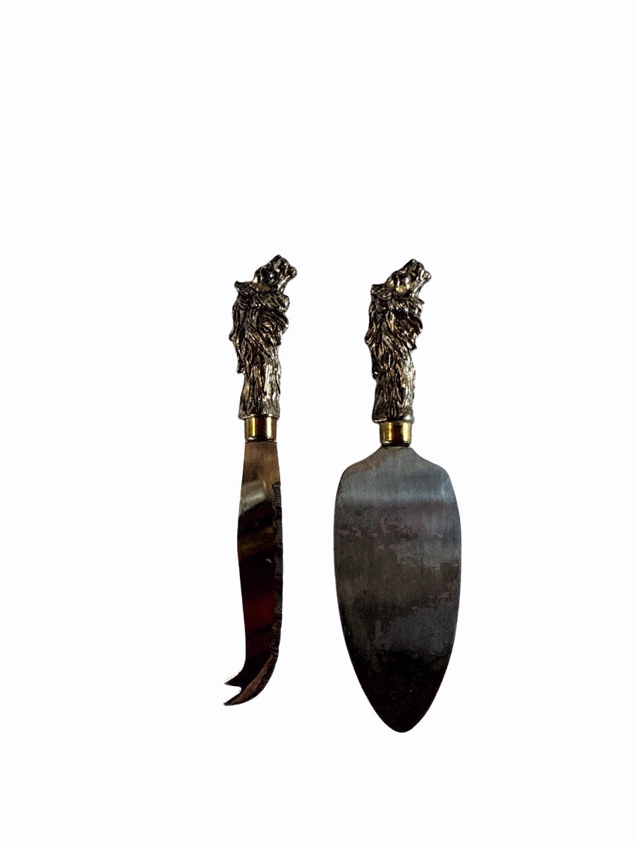 Vintage Lion Head Handle Cheese Knife & Server Set — 2 Piece