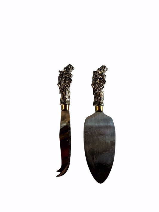 Vintage Lion Head Handle Cheese Knife & Server Set — 2 Piece