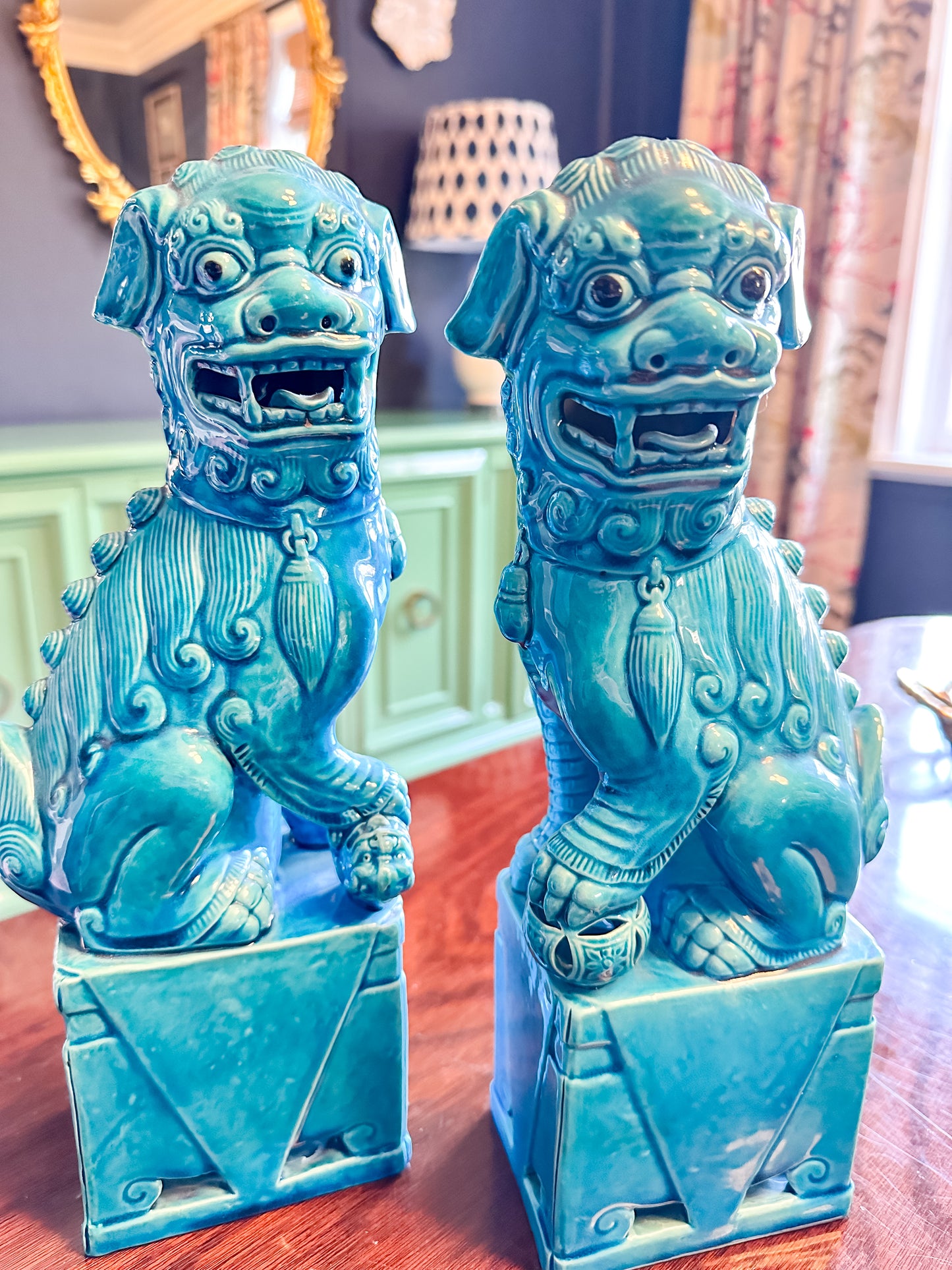 XL Vintage Turquoise Foo Dog Pair