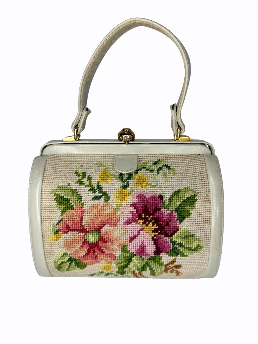 Vintage Floral Needlepoint & White Leather Frame Handbag