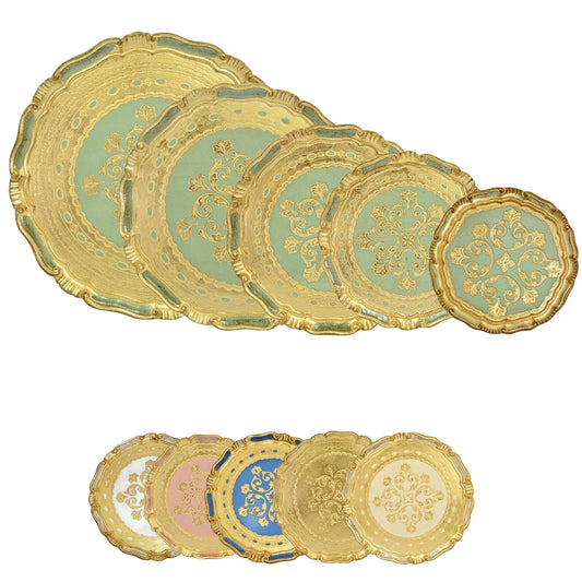 Florentine Carved Gilded Round Tray  - Sage Green