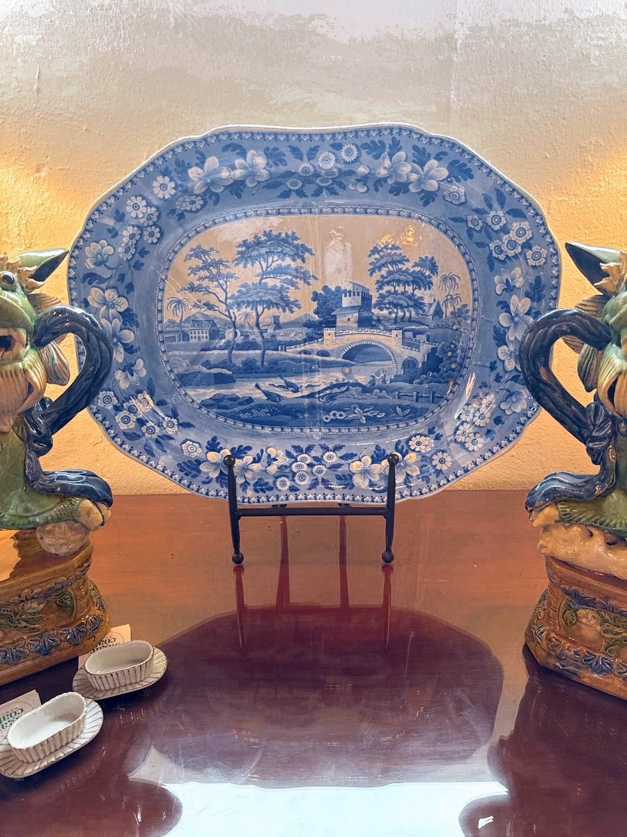 Antique Staffordshire Blue and White Platter, Old Tower by Spode