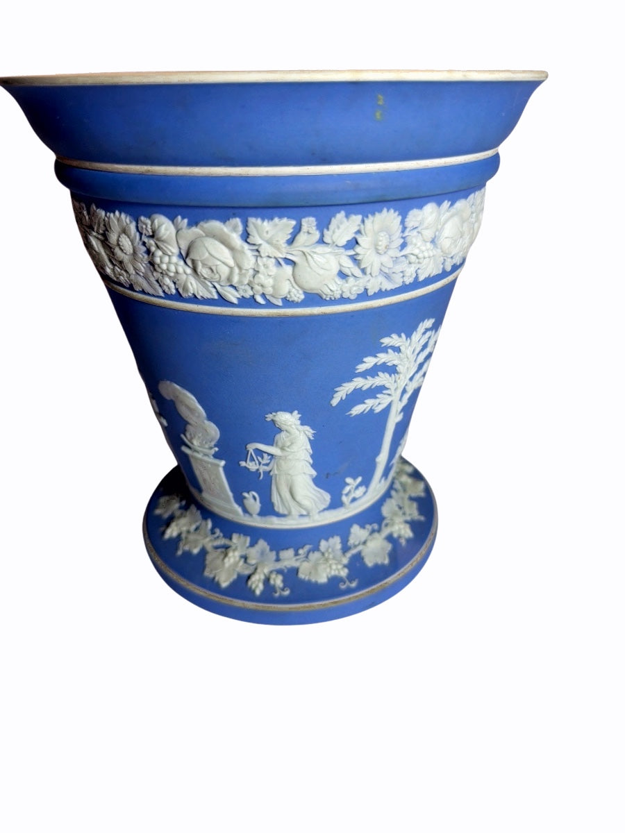 Wedgwood Blue Jasperware Neoclassical Urn Vase with Figural Relief