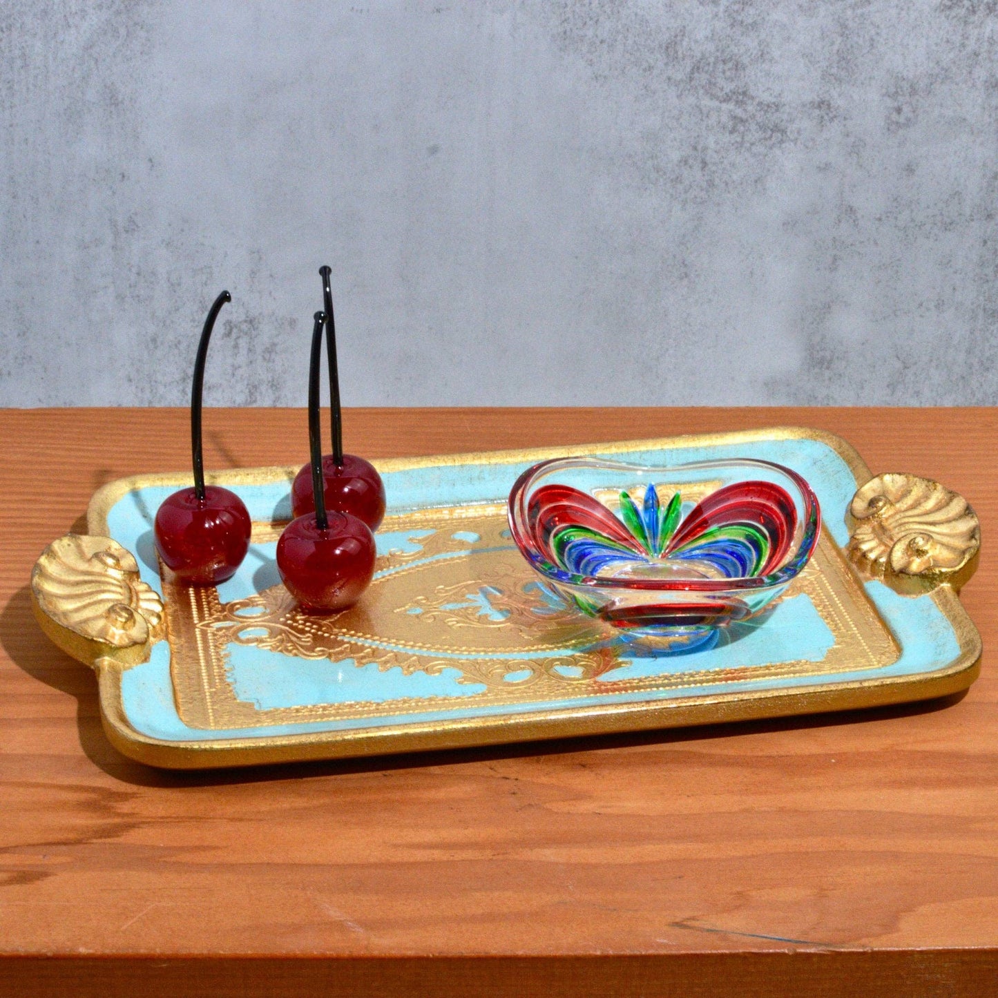 Florentine Carved Wood Rectangle Mini Tray with Shell Handles, Made in Italy: Sage Green