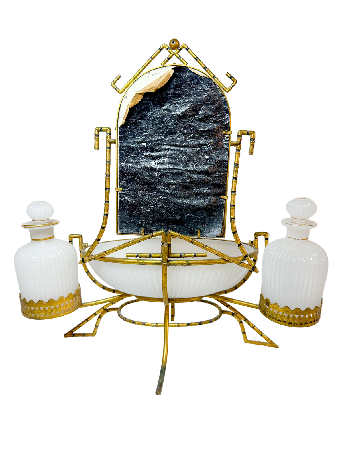 Antique French Palais Royal Opaline Vanity Set on brass bamboo set