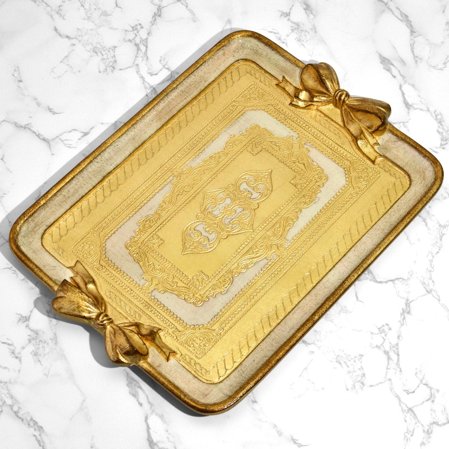 Florentine Carved Rectangle Bow Tray, Made in Italy: Pink