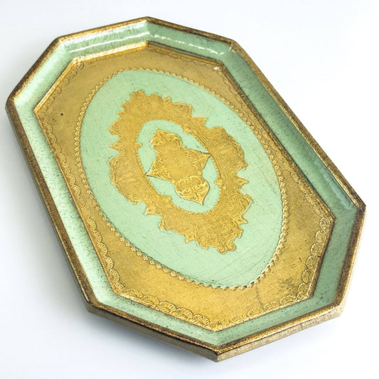 Florentine Carved Wood Octagon Tray - Sage Green