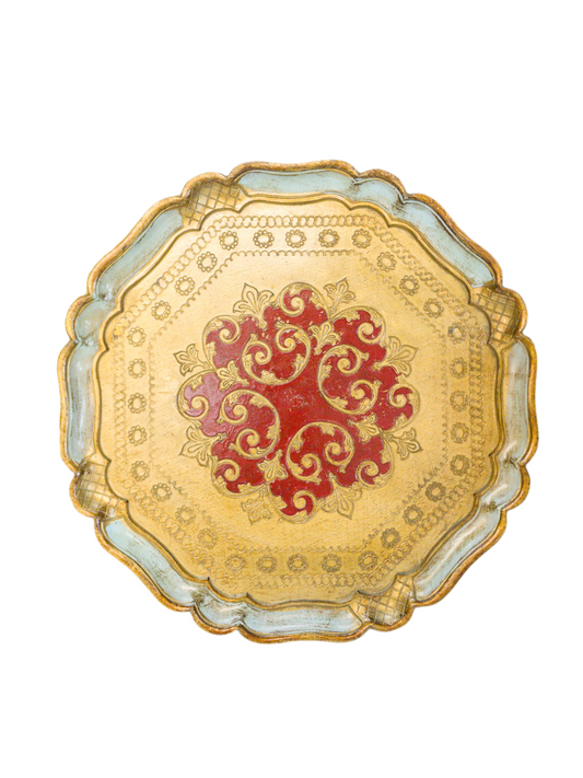 Vintage Round Florentine Red & Turq Tray