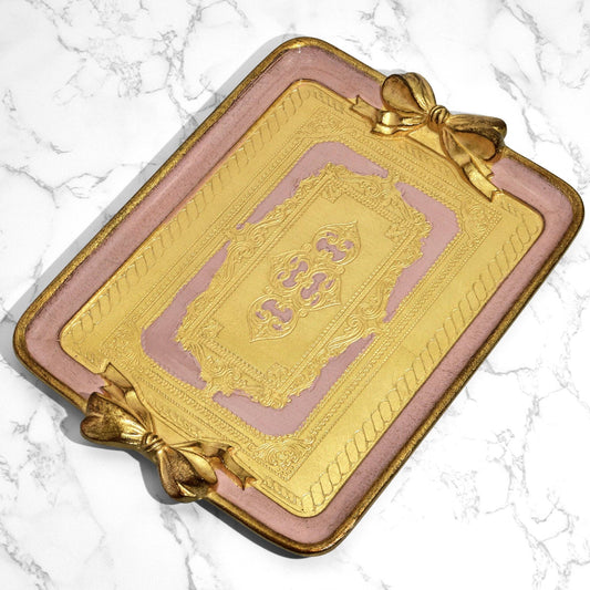 Florentine Carved Rectangle Bow Tray, Made in Italy: Pink