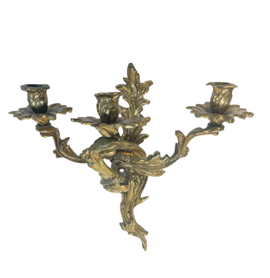 Antique 1920's Solid Brass Rococo Style Candle Wall Sconce