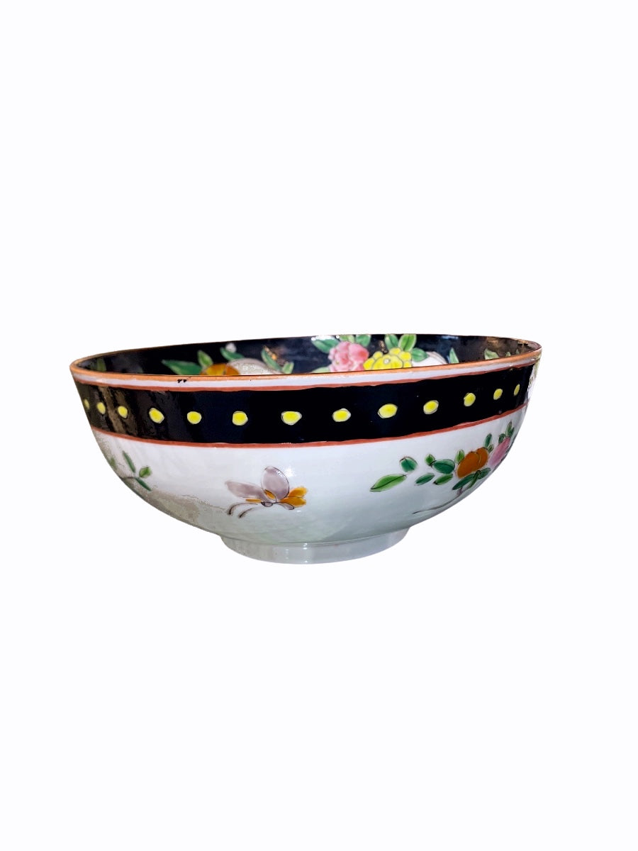 Vintage Japanese Famille Noire Hand-Painted Floral Porcelain Bowl