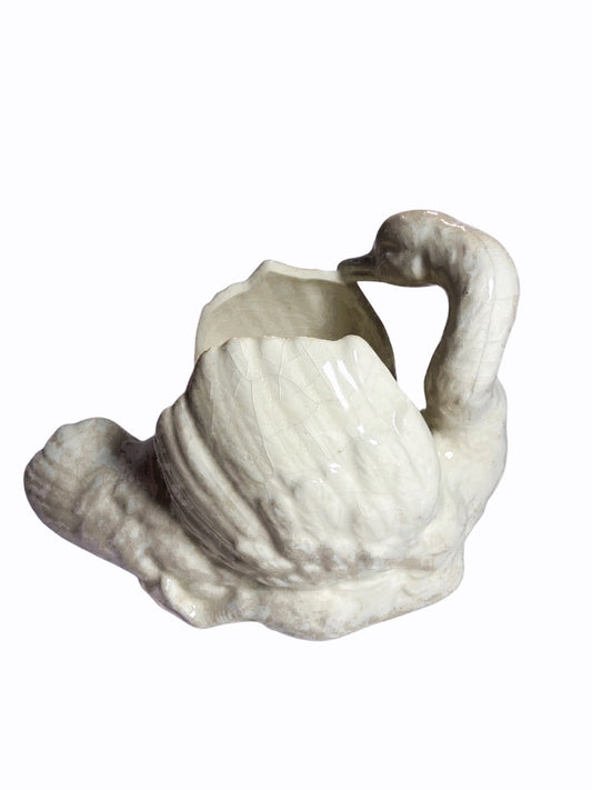 Vintage White Glazed Ceramic Swan Planter or Vase