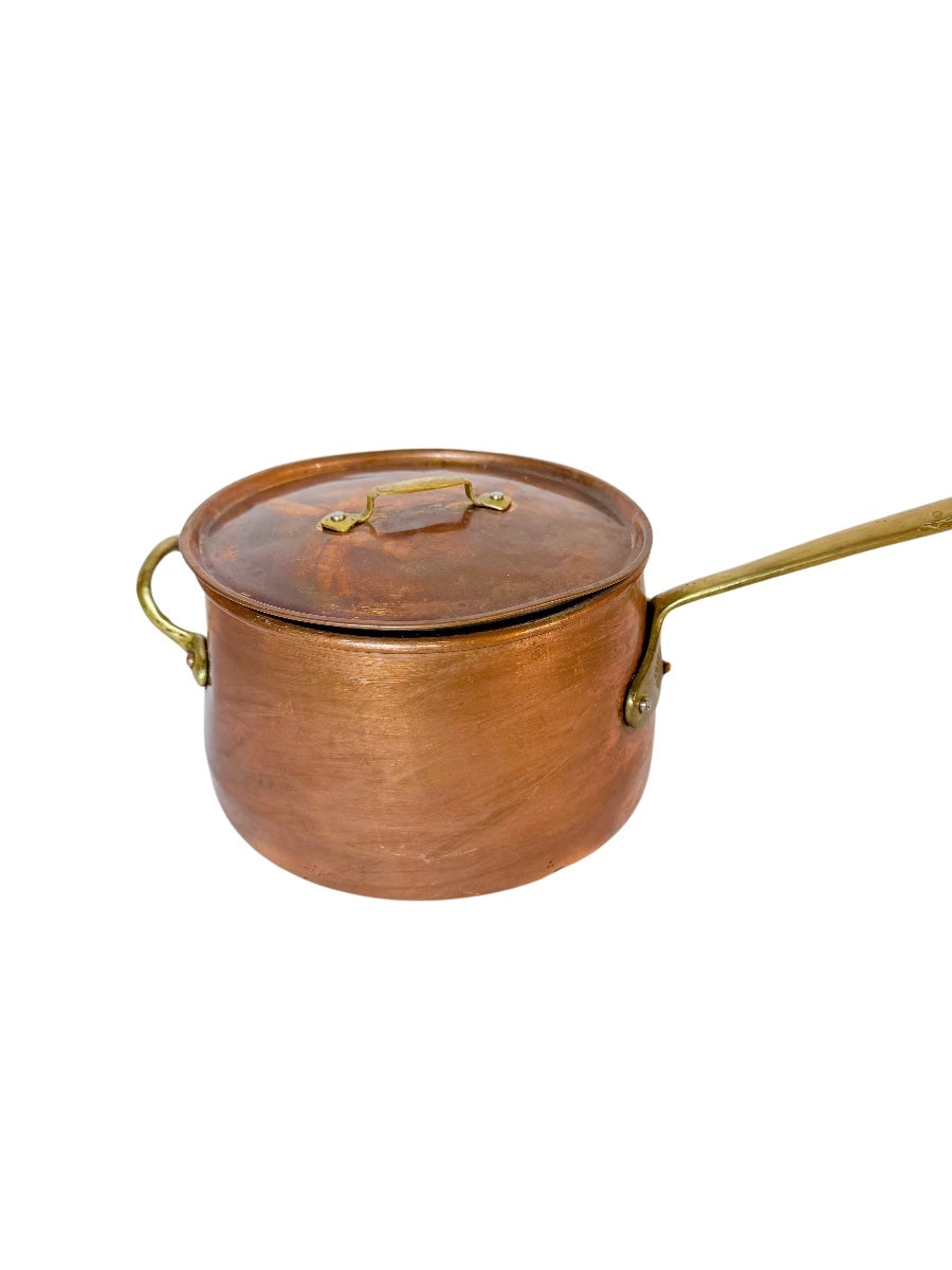 Vintage Copper Saucepan with Lid and Brass Handles