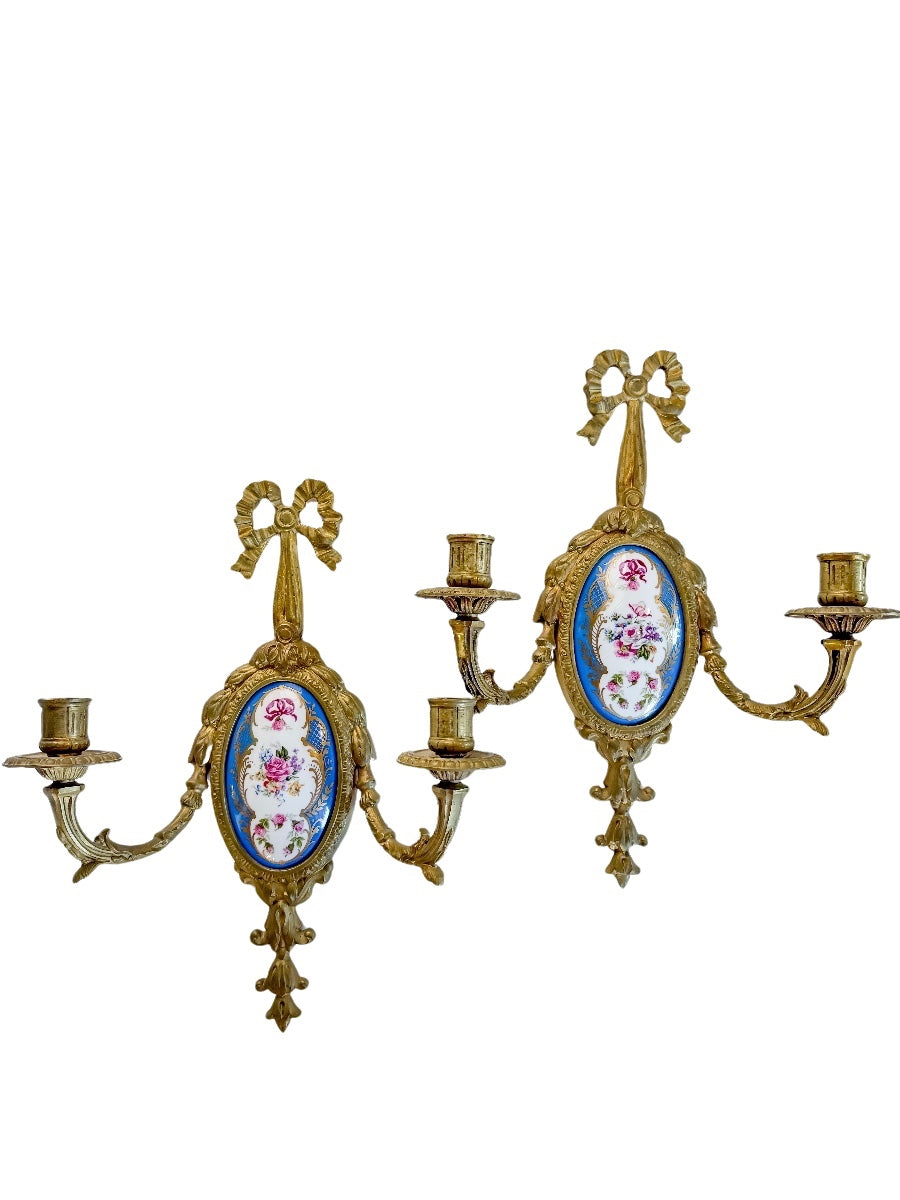 Pair of French Louis XVI Style Gilt Bronze & Sèvres Porcelain Wall Sconces
