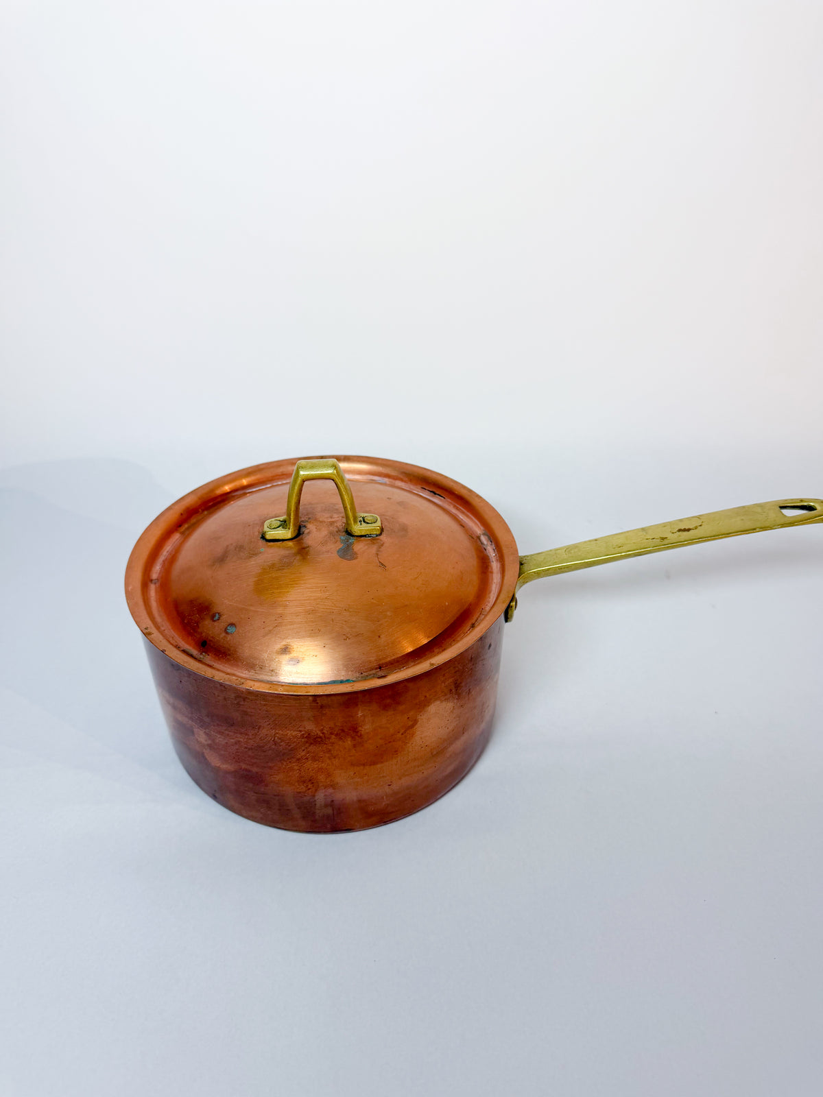 Vintage French Style Copper Saucepan with Fitted Brass-Handled Lid
