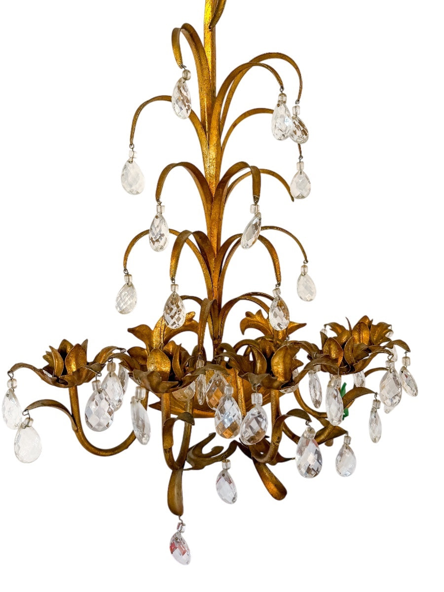 Vintage Italian Florentine 5 Arm Gilt Tole and Crystal Chandelier