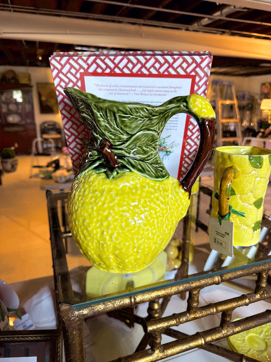 Majolica-Style Lemon Figural Ceramic Pitcher with Green Leaf Handle