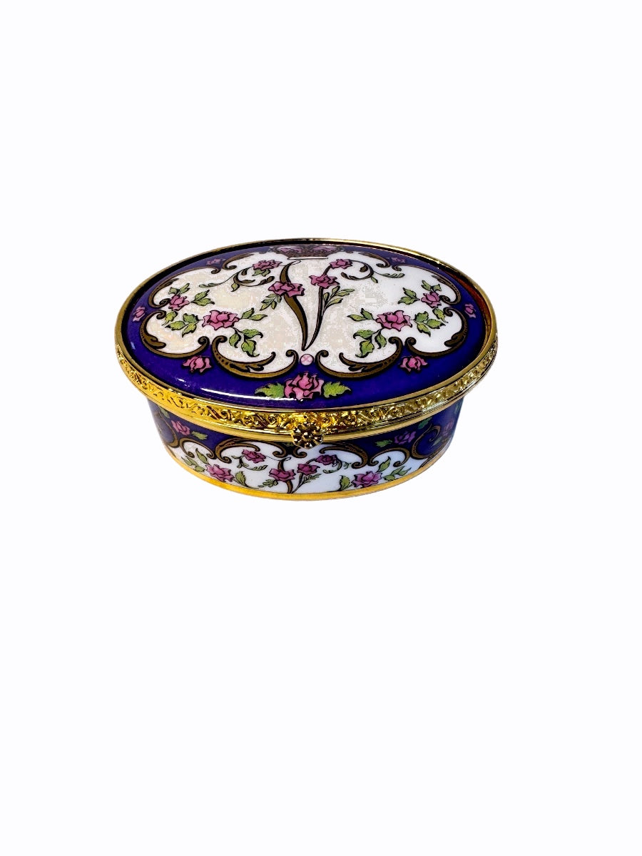 Vintage Cobalt Blue & Rose Monogram 'V' Porcelain Trinket Box
