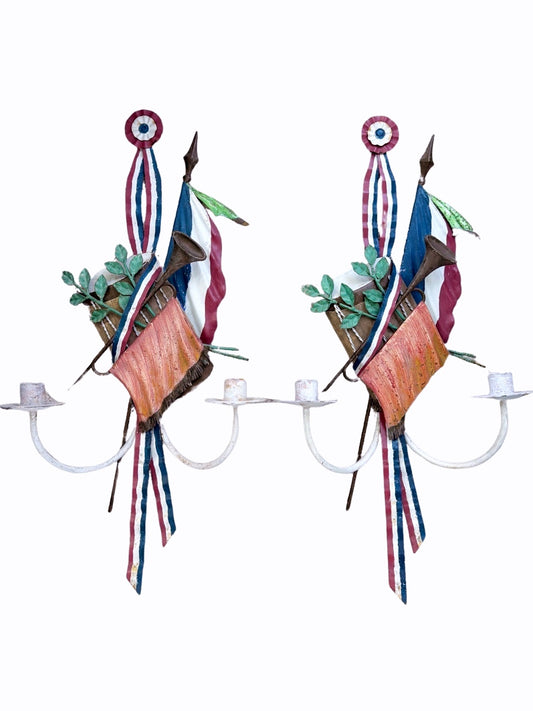 Pair of French Tôle Patriotic Wall Sconces with Tricolore Motif
