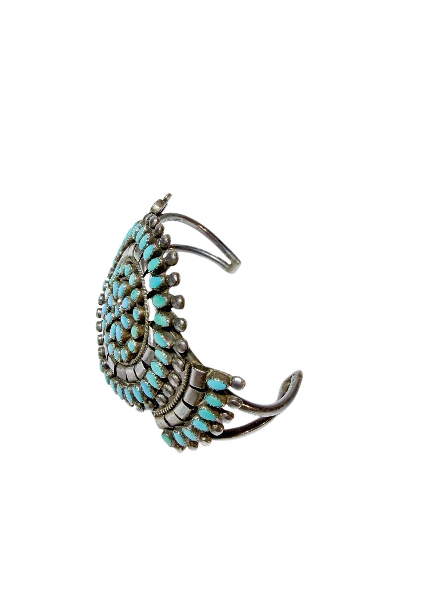 Signed Vintage Zuni Sterling Silver Petit Point Turquoise Cluster Cuff