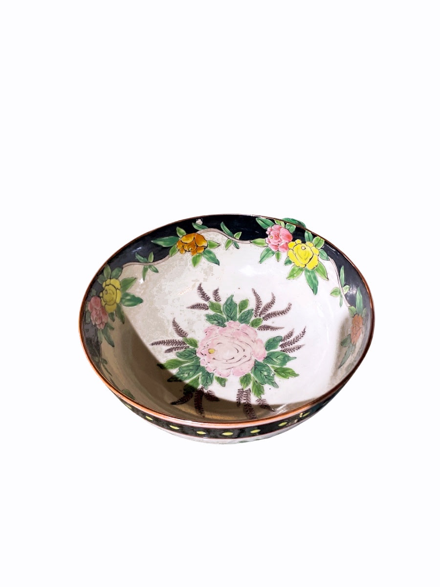 Vintage Japanese Famille Noire Hand-Painted Floral Porcelain Bowl