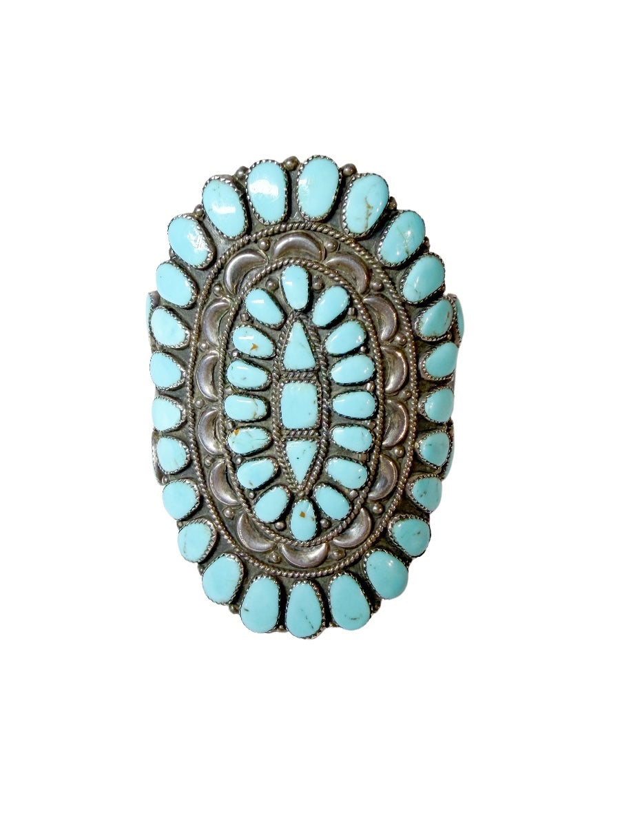 Signed Vintage Zuni Sterling Silver & Turquoise Cluster Cuff Bracelet