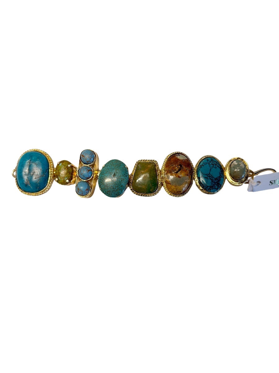 Vintage Multi-Stone Cabochon & Turquoise Gilt Statement Bracelet