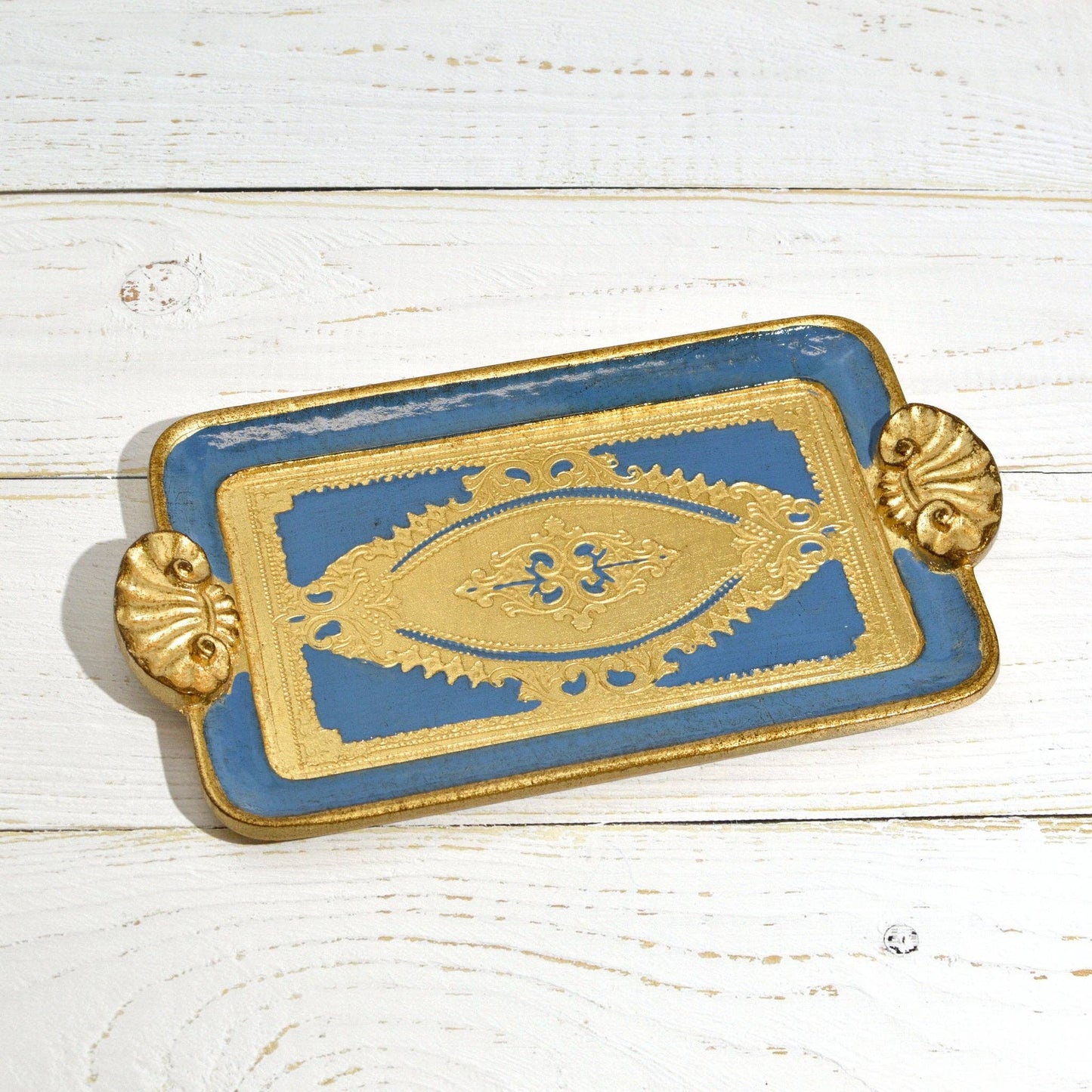 Florentine Carved Wood Rectangle Mini Tray with Shell Handles, Made in Italy: Sage Green