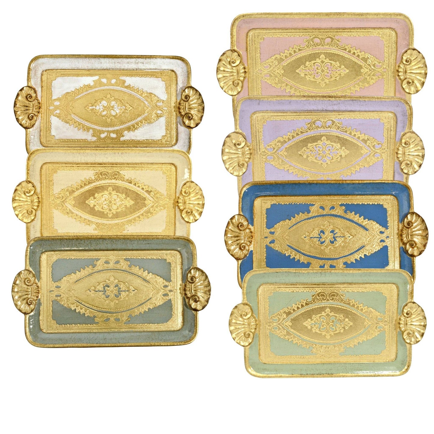 Florentine Carved Wood Rectangle Mini Tray with Shell Handles, Made in Italy: Sage Green