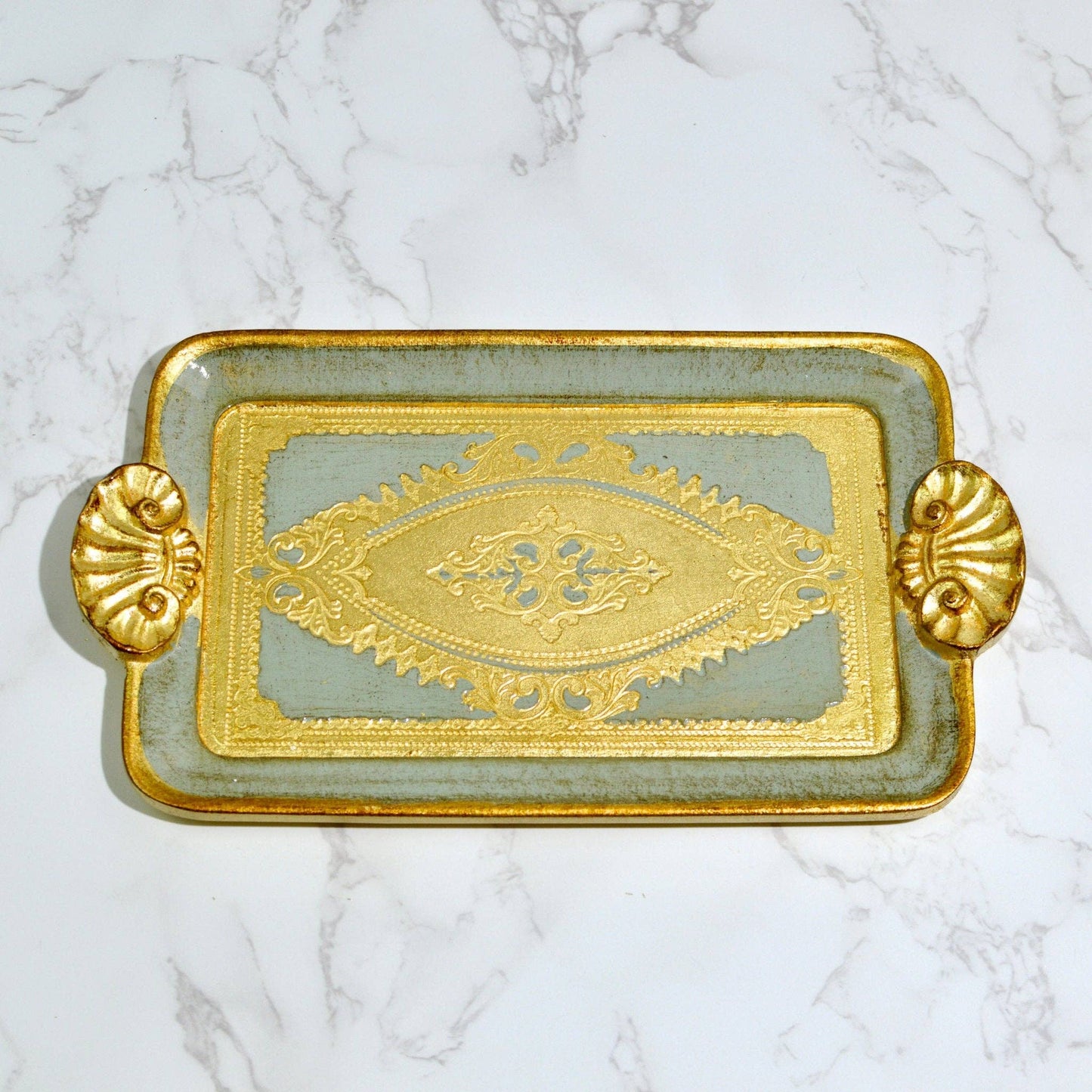 Florentine Carved Wood Rectangle Mini Tray with Shell Handles, Made in Italy: Sage Green
