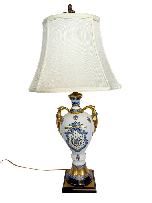 Heraldic Hand-Painted Porcelain Urn Table Lamp with Gold Handles