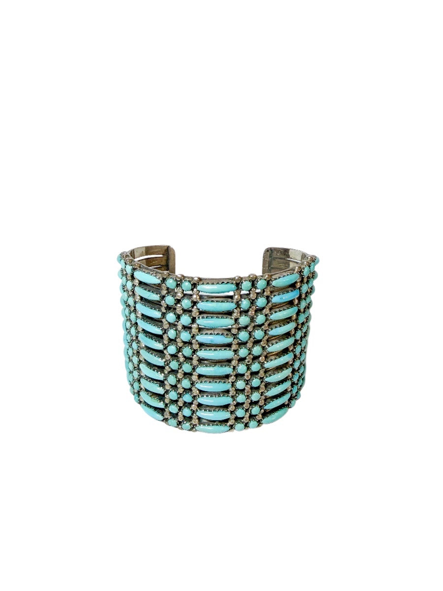 JM Handicraft Zuni Turquoise & Sterling Silver 10 Row Cuff Bracelet