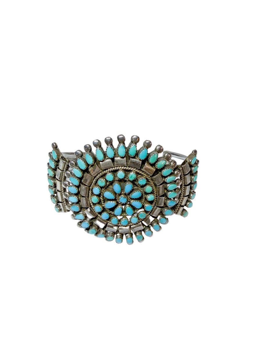 Signed Vintage Zuni Sterling Silver Petit Point Turquoise Cluster Cuff
