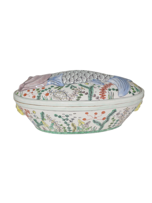 Antique Asian Carp Tureen with Lion Handles