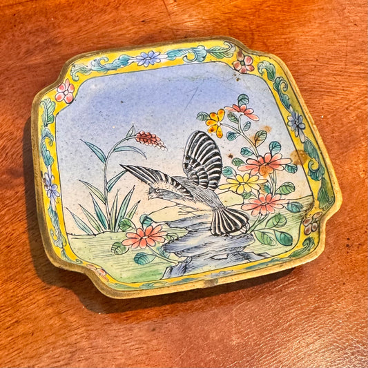 Antique Bird and Flower Cloisonne Trinket Dish