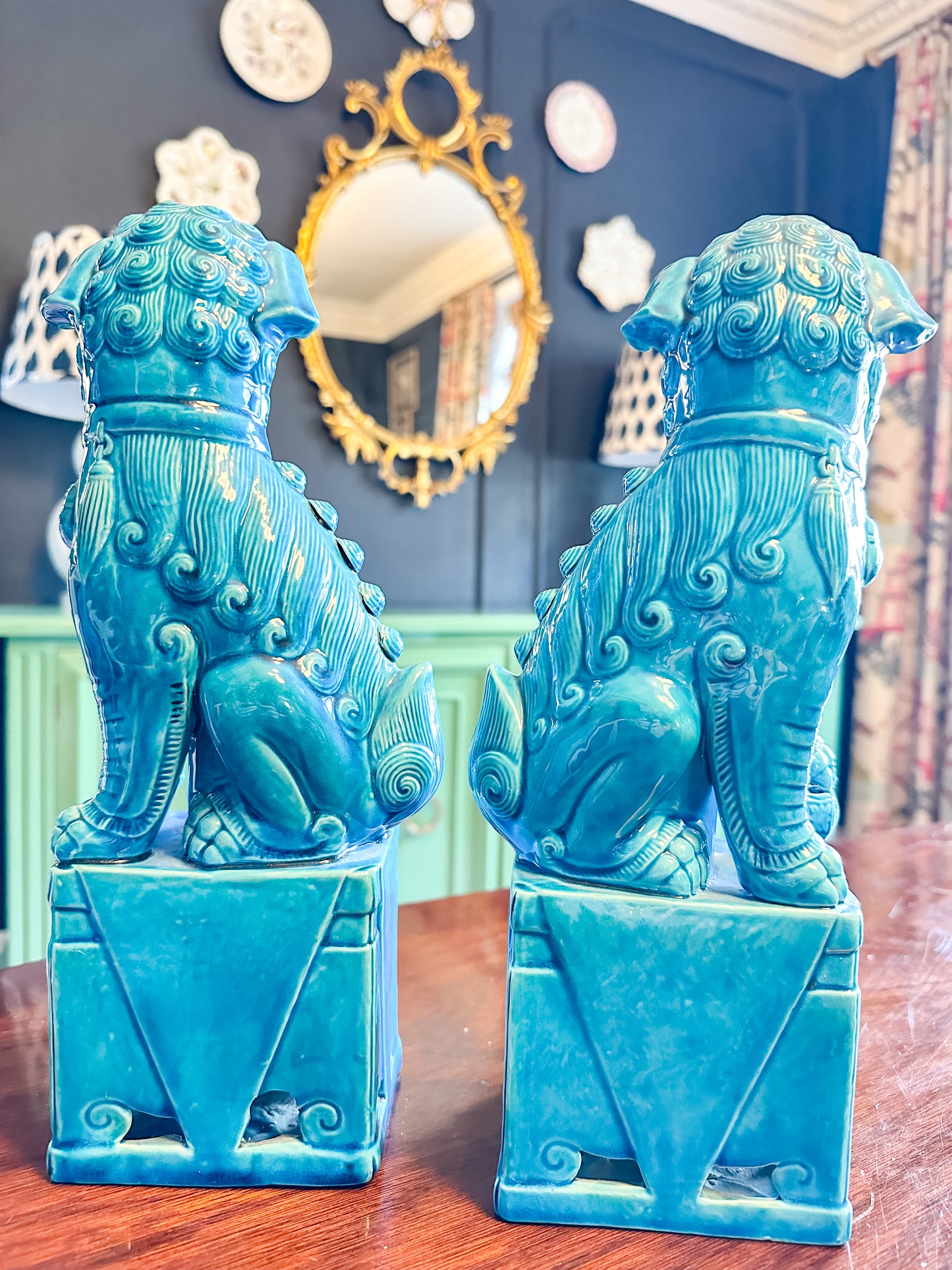 XL Vintage Turquoise Foo Dog Pair