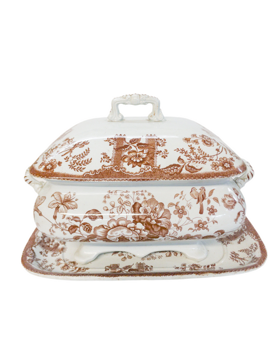 Antique Brown Transferware Tureen with Tray