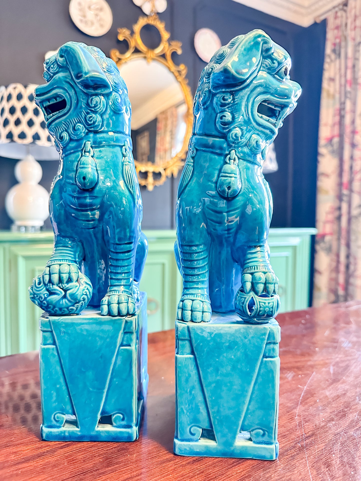 XL Vintage Turquoise Foo Dog Pair