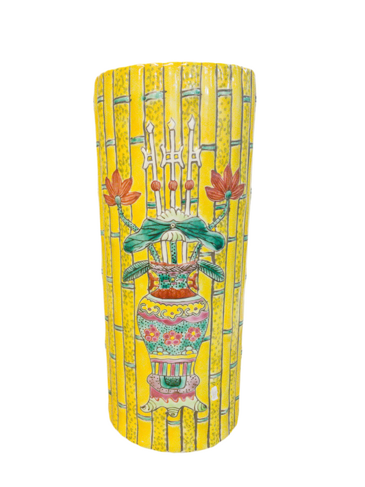 Chinese Porcelain Yellow Tongzhi Period Faux Bamboo Vase