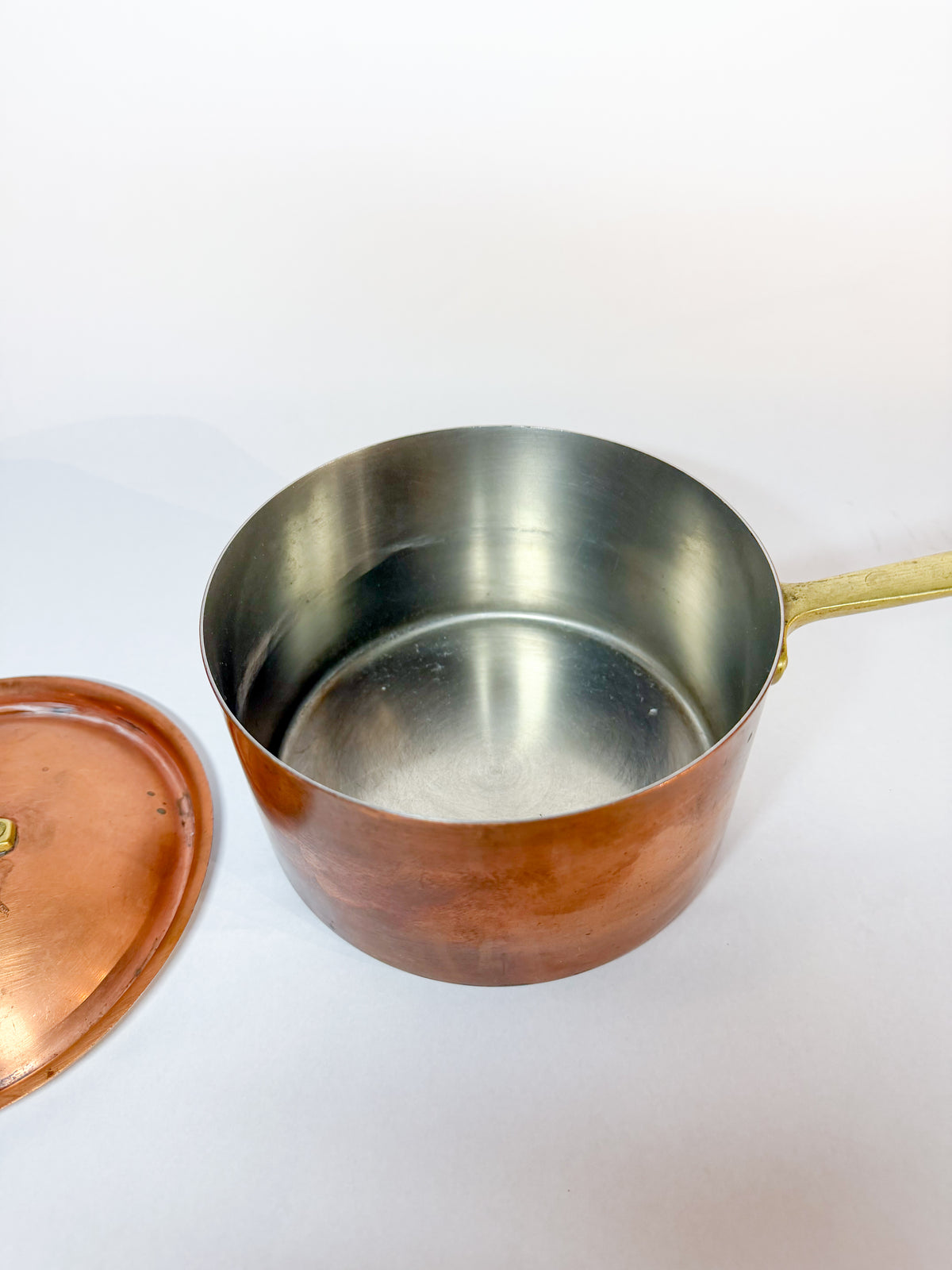 Vintage French Style Copper Saucepan with Fitted Brass-Handled Lid
