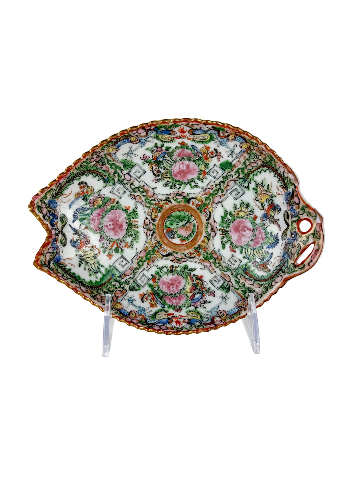 Chinese Rose Medallion Porcelain Handled Dish with Birds & Florals
